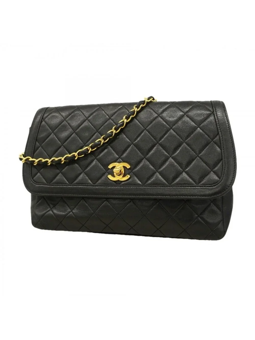 Chanel Shoulder Bag Quilted Lambskin Black Gold